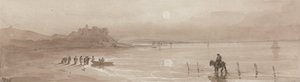 海岸、ハーレック城と夕日 作： David Cox